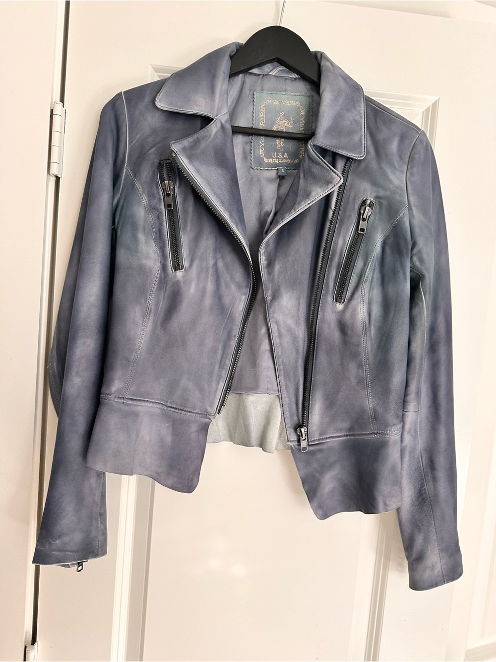 Betsey Johnson Washed Blue Leather Moto Jacket